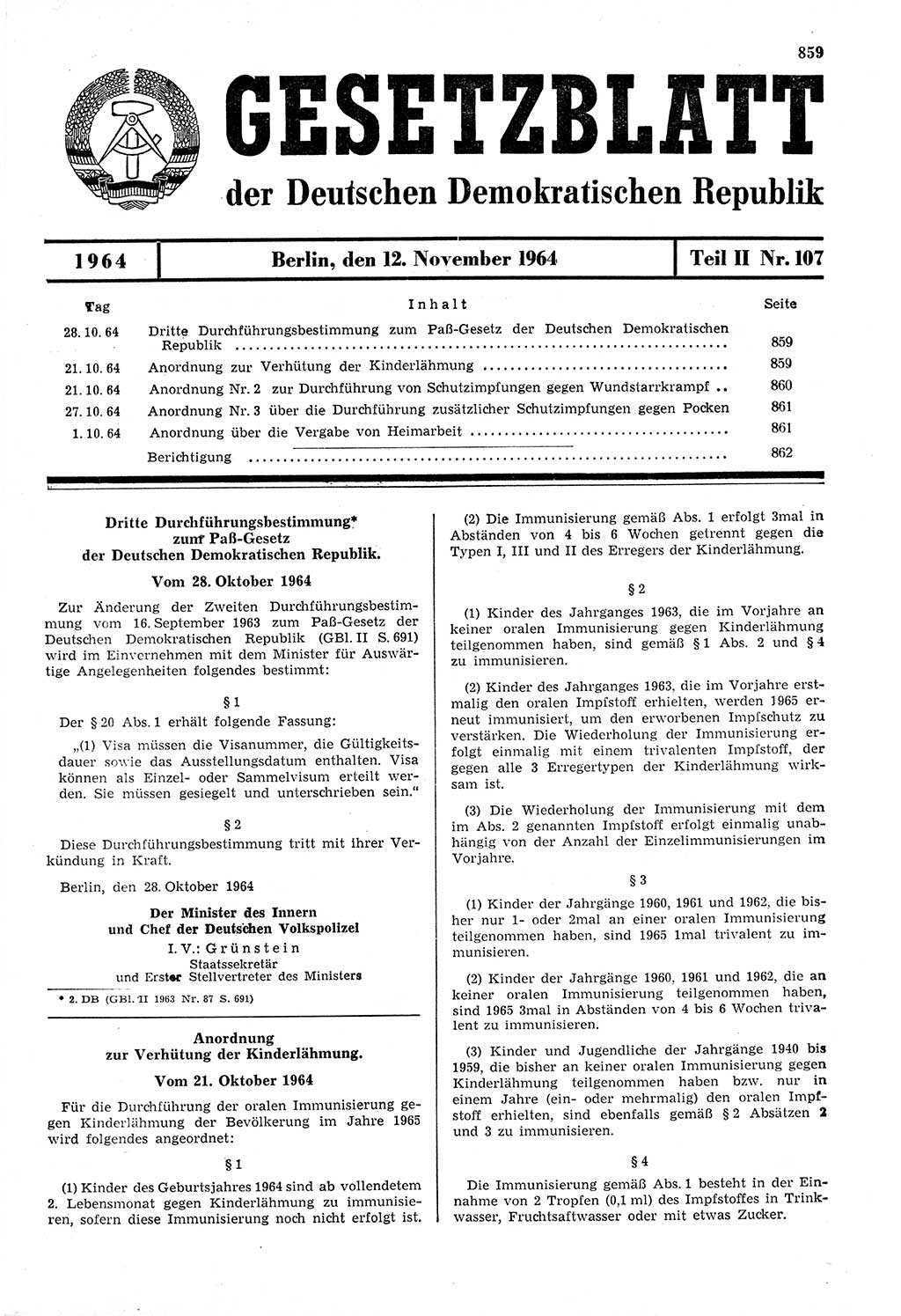 Gesetzblatt (GBl.) der Deutschen Demokratischen Republik (DDR) Teil ⅠⅠ 1964, Seite 859 (GBl. DDR ⅠⅠ 1964, S. 859)