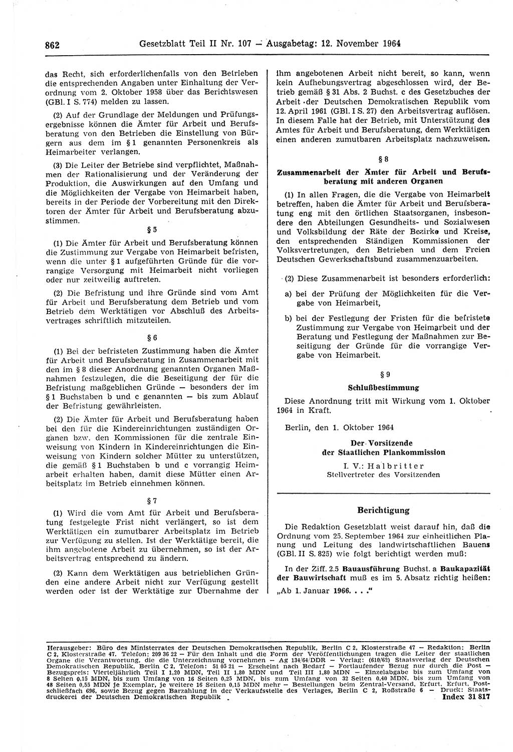 Gesetzblatt (GBl.) der Deutschen Demokratischen Republik (DDR) Teil ⅠⅠ 1964, Seite 862 (GBl. DDR ⅠⅠ 1964, S. 862)