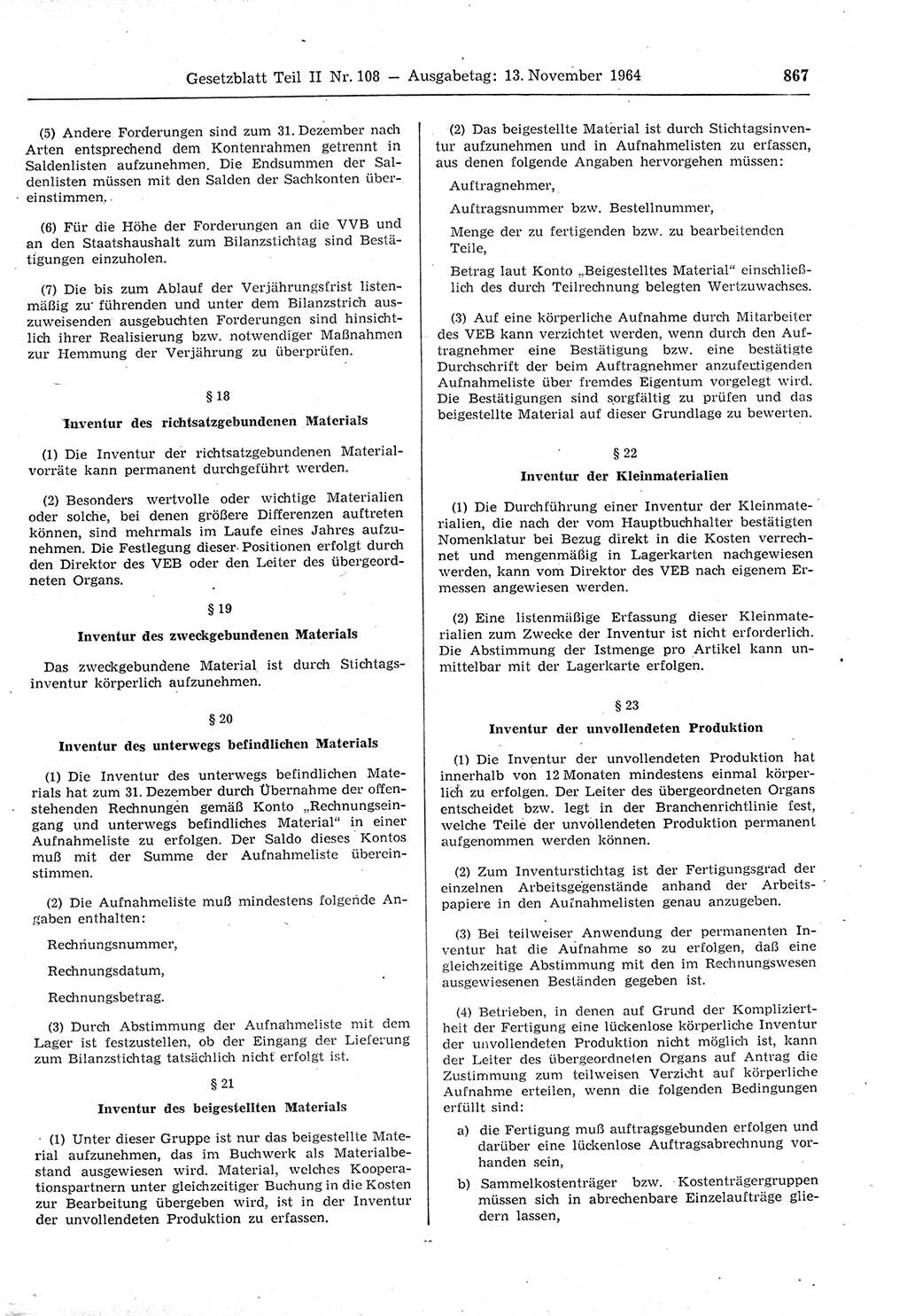 Gesetzblatt (GBl.) der Deutschen Demokratischen Republik (DDR) Teil ⅠⅠ 1964, Seite 867 (GBl. DDR ⅠⅠ 1964, S. 867)