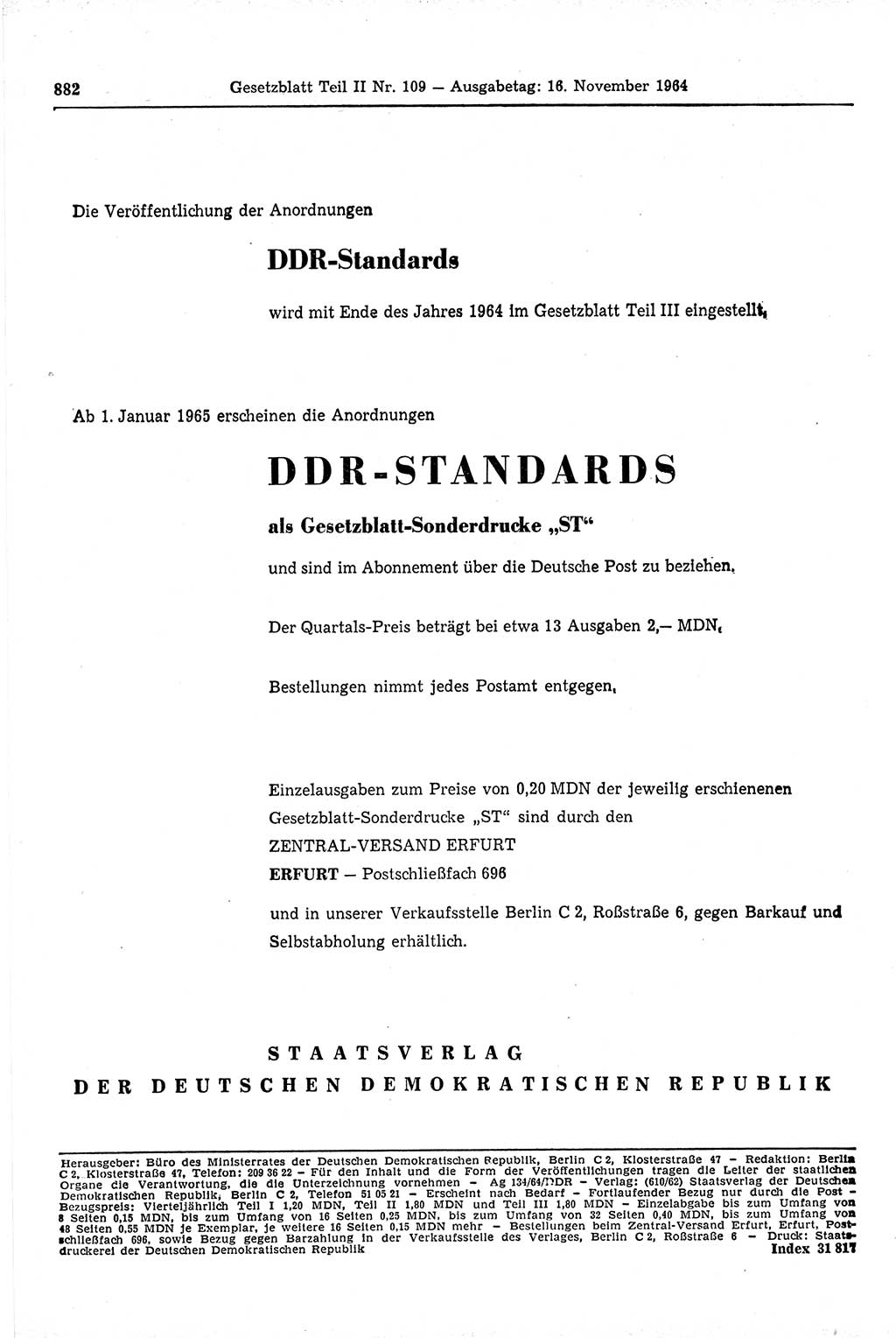 Gesetzblatt (GBl.) der Deutschen Demokratischen Republik (DDR) Teil ⅠⅠ 1964, Seite 882 (GBl. DDR ⅠⅠ 1964, S. 882)