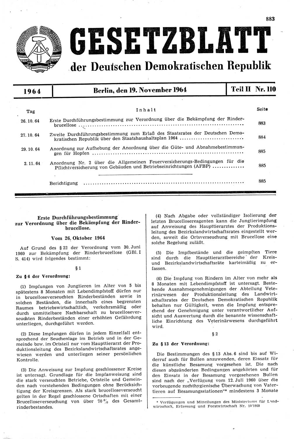 Gesetzblatt (GBl.) der Deutschen Demokratischen Republik (DDR) Teil ⅠⅠ 1964, Seite 883 (GBl. DDR ⅠⅠ 1964, S. 883)