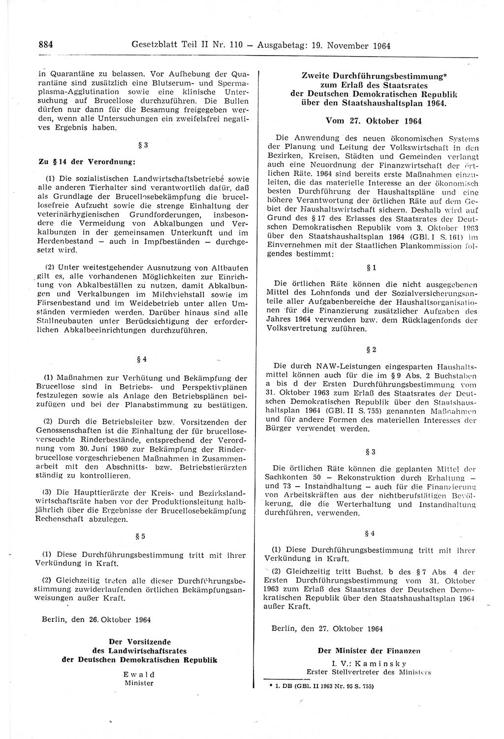 Gesetzblatt (GBl.) der Deutschen Demokratischen Republik (DDR) Teil ⅠⅠ 1964, Seite 884 (GBl. DDR ⅠⅠ 1964, S. 884)
