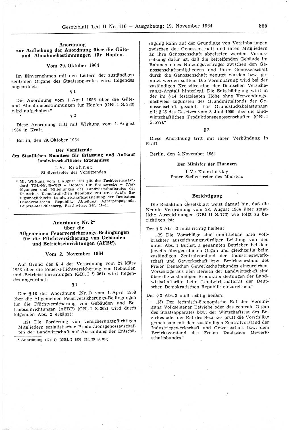 Gesetzblatt (GBl.) der Deutschen Demokratischen Republik (DDR) Teil ⅠⅠ 1964, Seite 885 (GBl. DDR ⅠⅠ 1964, S. 885)