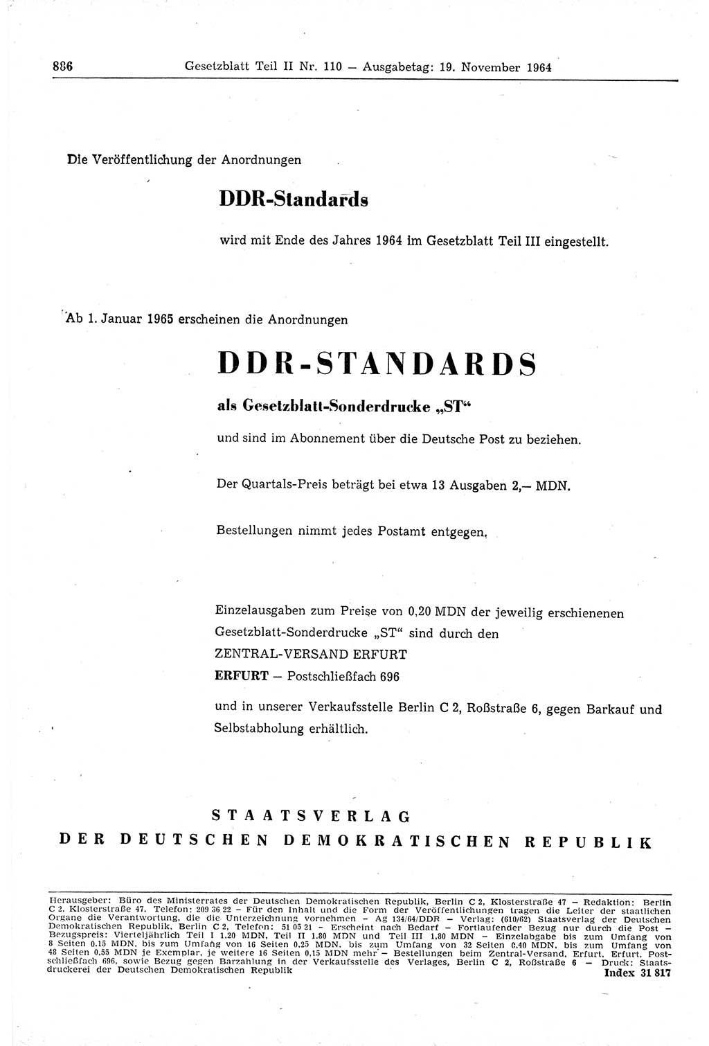 Gesetzblatt (GBl.) der Deutschen Demokratischen Republik (DDR) Teil ⅠⅠ 1964, Seite 886 (GBl. DDR ⅠⅠ 1964, S. 886)