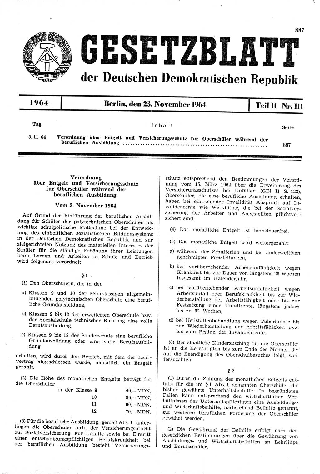 Gesetzblatt (GBl.) der Deutschen Demokratischen Republik (DDR) Teil ⅠⅠ 1964, Seite 887 (GBl. DDR ⅠⅠ 1964, S. 887)