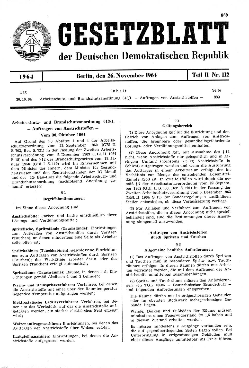 Gesetzblatt (GBl.) der Deutschen Demokratischen Republik (DDR) Teil ⅠⅠ 1964, Seite 889 (GBl. DDR ⅠⅠ 1964, S. 889)
