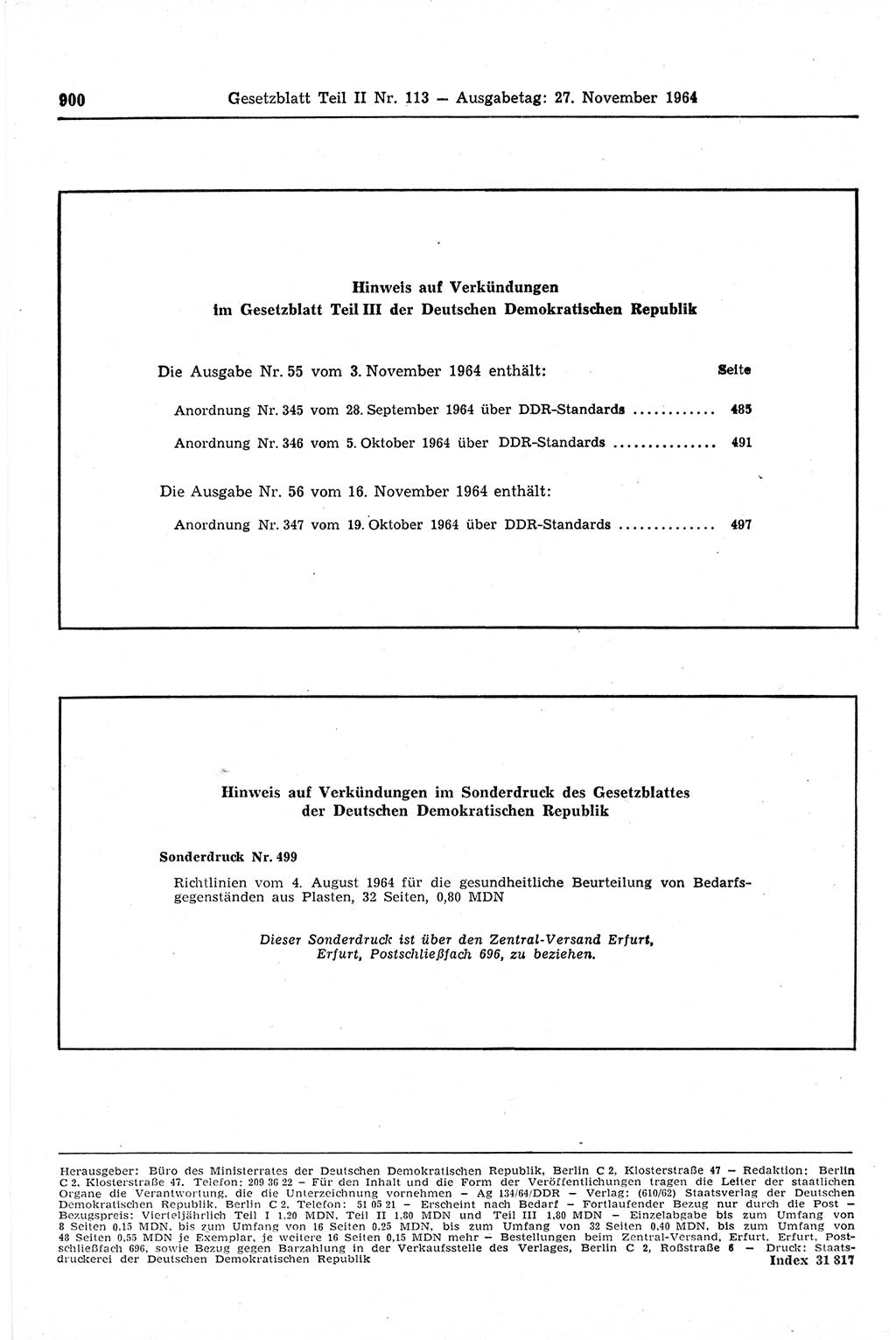 Gesetzblatt (GBl.) der Deutschen Demokratischen Republik (DDR) Teil ⅠⅠ 1964, Seite 900 (GBl. DDR ⅠⅠ 1964, S. 900)