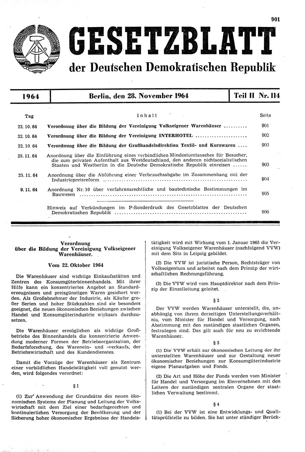 Gesetzblatt (GBl.) der Deutschen Demokratischen Republik (DDR) Teil ⅠⅠ 1964, Seite 901 (GBl. DDR ⅠⅠ 1964, S. 901)