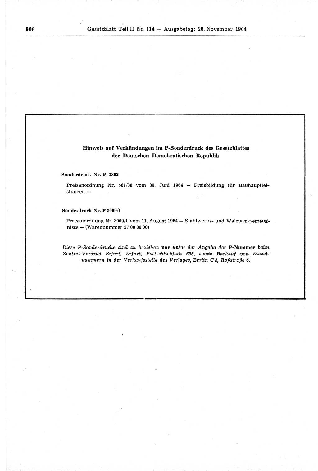 Gesetzblatt (GBl.) der Deutschen Demokratischen Republik (DDR) Teil ⅠⅠ 1964, Seite 906 (GBl. DDR ⅠⅠ 1964, S. 906)