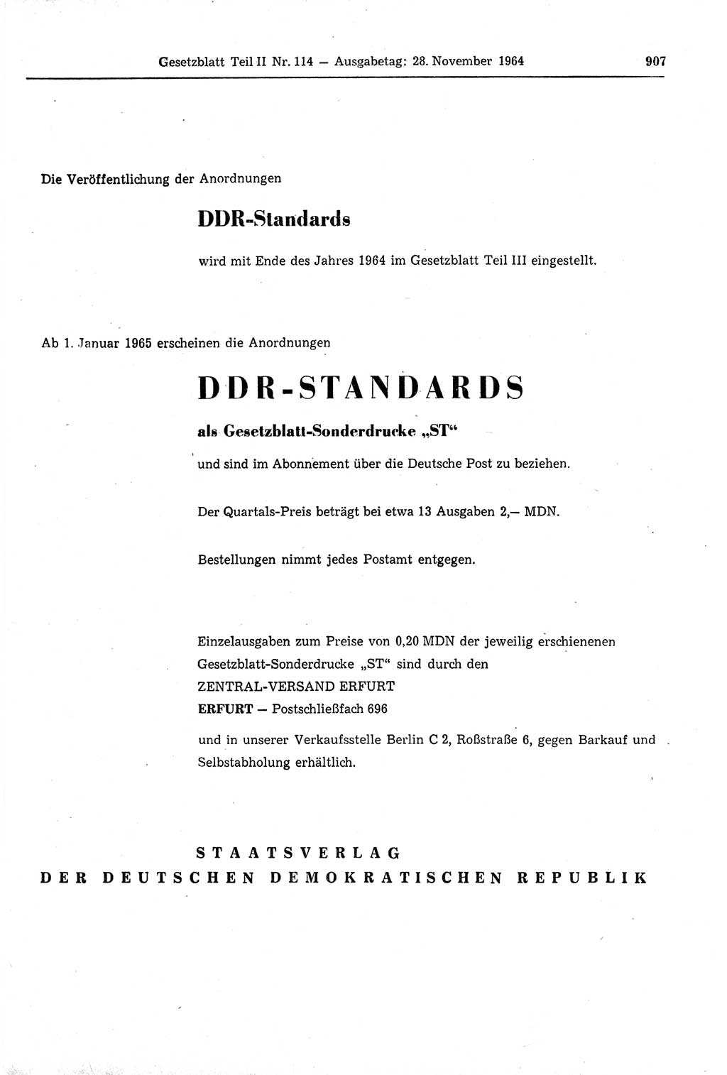 Gesetzblatt (GBl.) der Deutschen Demokratischen Republik (DDR) Teil ⅠⅠ 1964, Seite 907 (GBl. DDR ⅠⅠ 1964, S. 907)