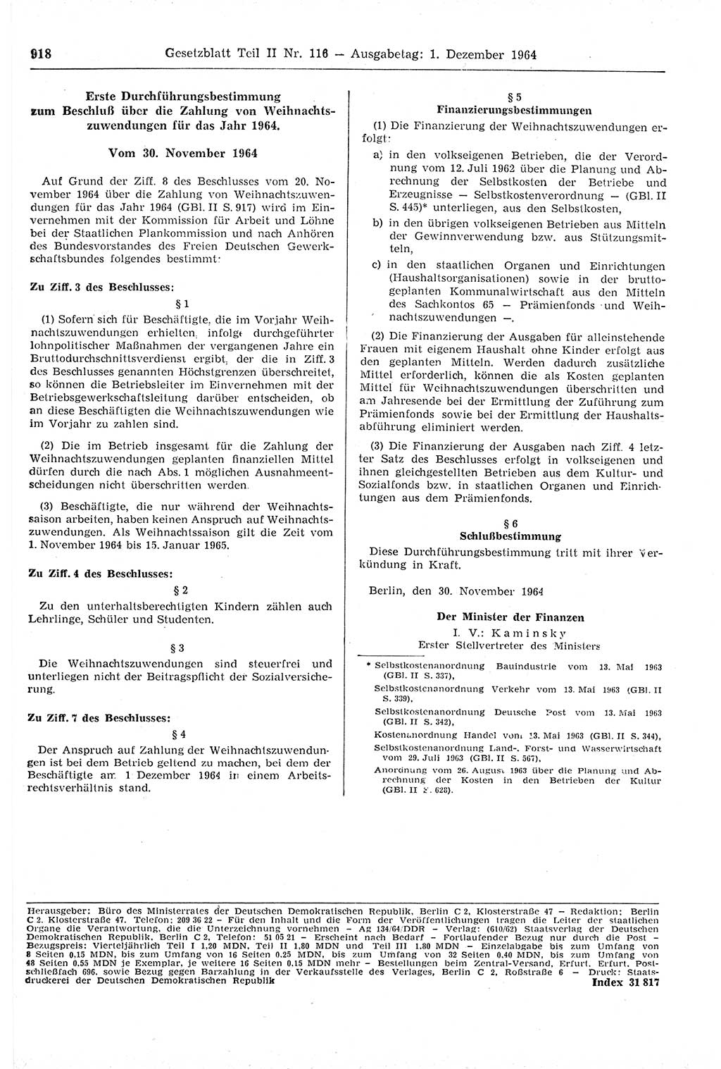 Gesetzblatt (GBl.) der Deutschen Demokratischen Republik (DDR) Teil ⅠⅠ 1964, Seite 918 (GBl. DDR ⅠⅠ 1964, S. 918)