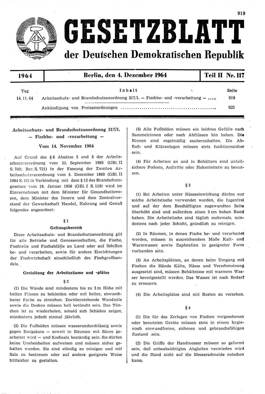 Gesetzblatt (GBl.) der Deutschen Demokratischen Republik (DDR) Teil ⅠⅠ 1964, Seite 919 (GBl. DDR ⅠⅠ 1964, S. 919)