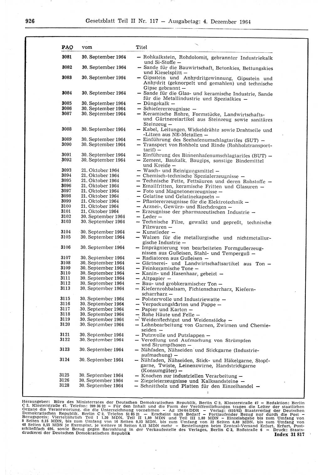 Gesetzblatt (GBl.) der Deutschen Demokratischen Republik (DDR) Teil ⅠⅠ 1964, Seite 926 (GBl. DDR ⅠⅠ 1964, S. 926)