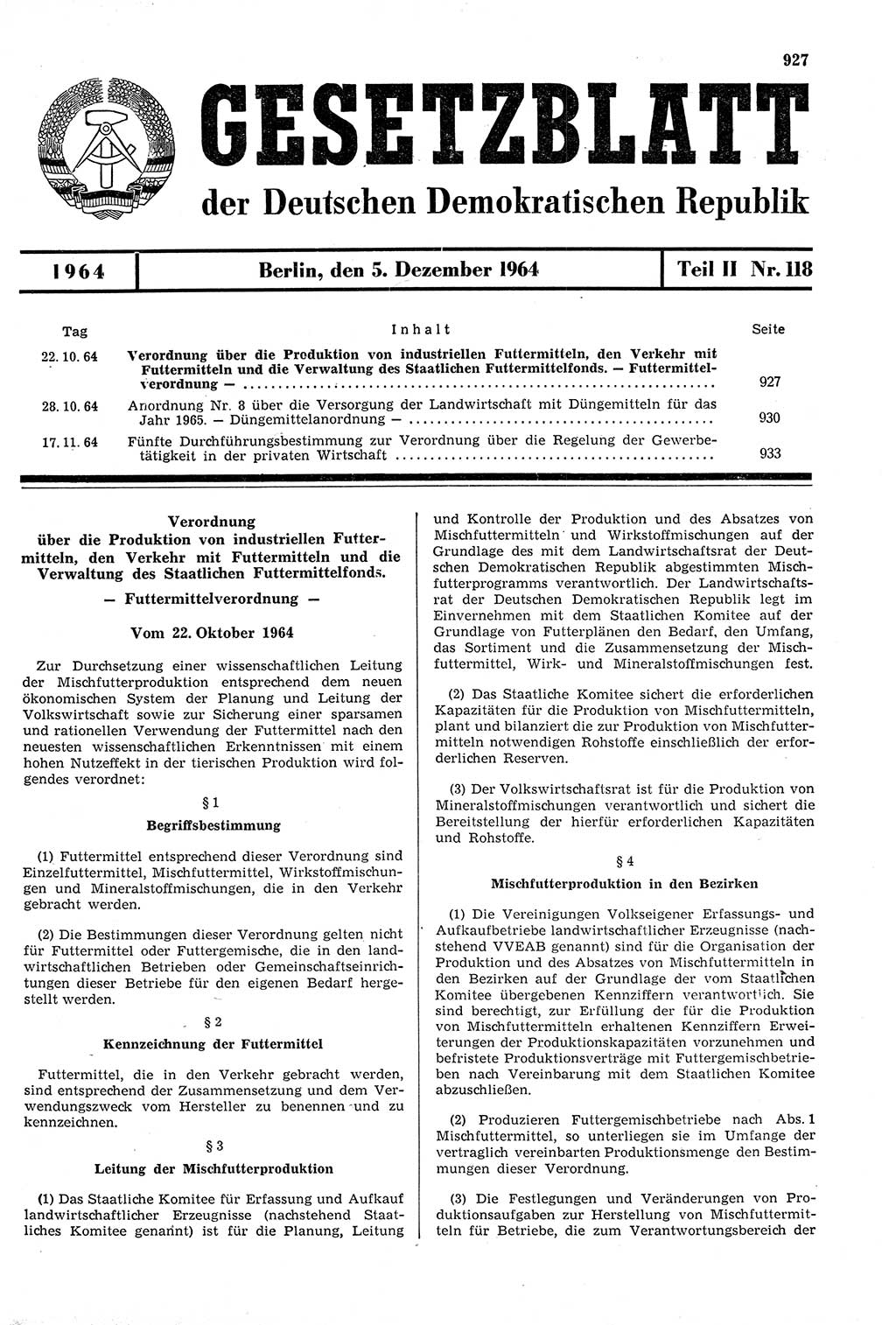 Gesetzblatt (GBl.) der Deutschen Demokratischen Republik (DDR) Teil ⅠⅠ 1964, Seite 927 (GBl. DDR ⅠⅠ 1964, S. 927)