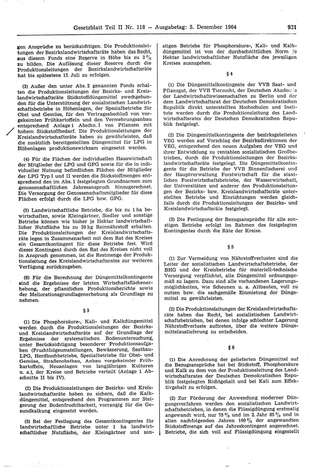 Gesetzblatt (GBl.) der Deutschen Demokratischen Republik (DDR) Teil ⅠⅠ 1964, Seite 931 (GBl. DDR ⅠⅠ 1964, S. 931)