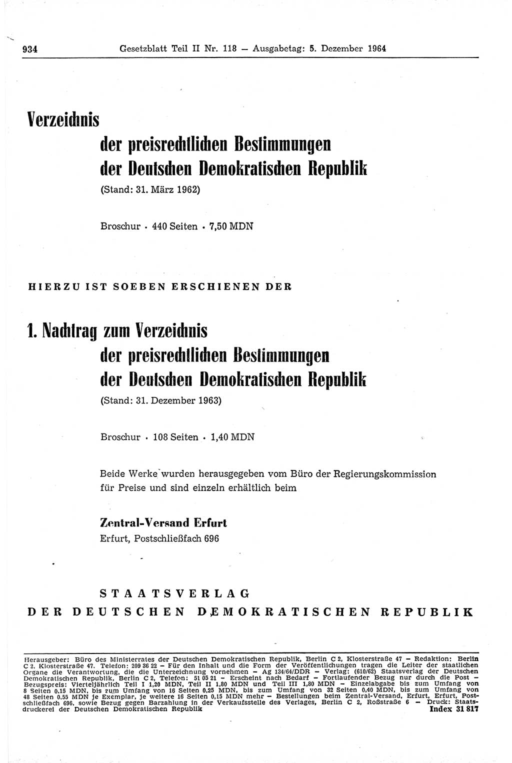 Gesetzblatt (GBl.) der Deutschen Demokratischen Republik (DDR) Teil ⅠⅠ 1964, Seite 934 (GBl. DDR ⅠⅠ 1964, S. 934)