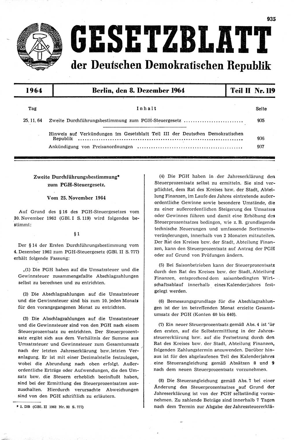 Gesetzblatt (GBl.) der Deutschen Demokratischen Republik (DDR) Teil ⅠⅠ 1964, Seite 935 (GBl. DDR ⅠⅠ 1964, S. 935)