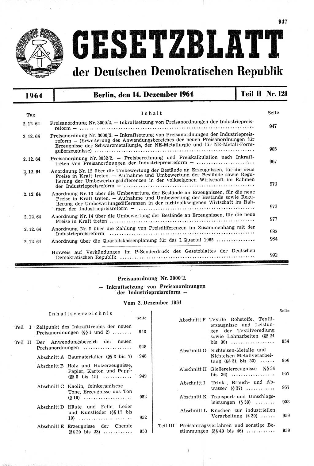 Gesetzblatt (GBl.) der Deutschen Demokratischen Republik (DDR) Teil ⅠⅠ 1964, Seite 947 (GBl. DDR ⅠⅠ 1964, S. 947)