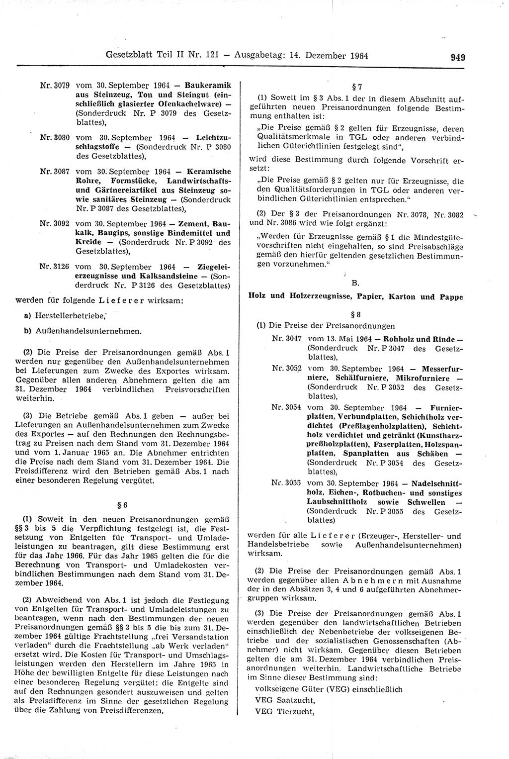 Gesetzblatt (GBl.) der Deutschen Demokratischen Republik (DDR) Teil ⅠⅠ 1964, Seite 949 (GBl. DDR ⅠⅠ 1964, S. 949)