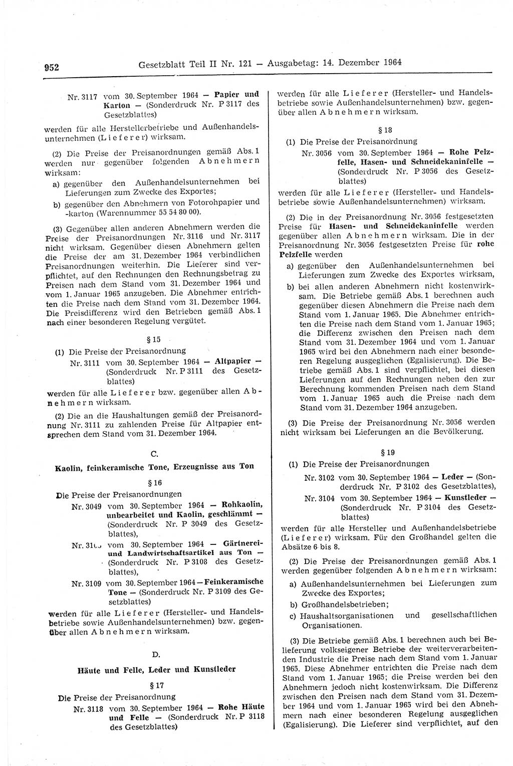 Gesetzblatt (GBl.) der Deutschen Demokratischen Republik (DDR) Teil ⅠⅠ 1964, Seite 952 (GBl. DDR ⅠⅠ 1964, S. 952)
