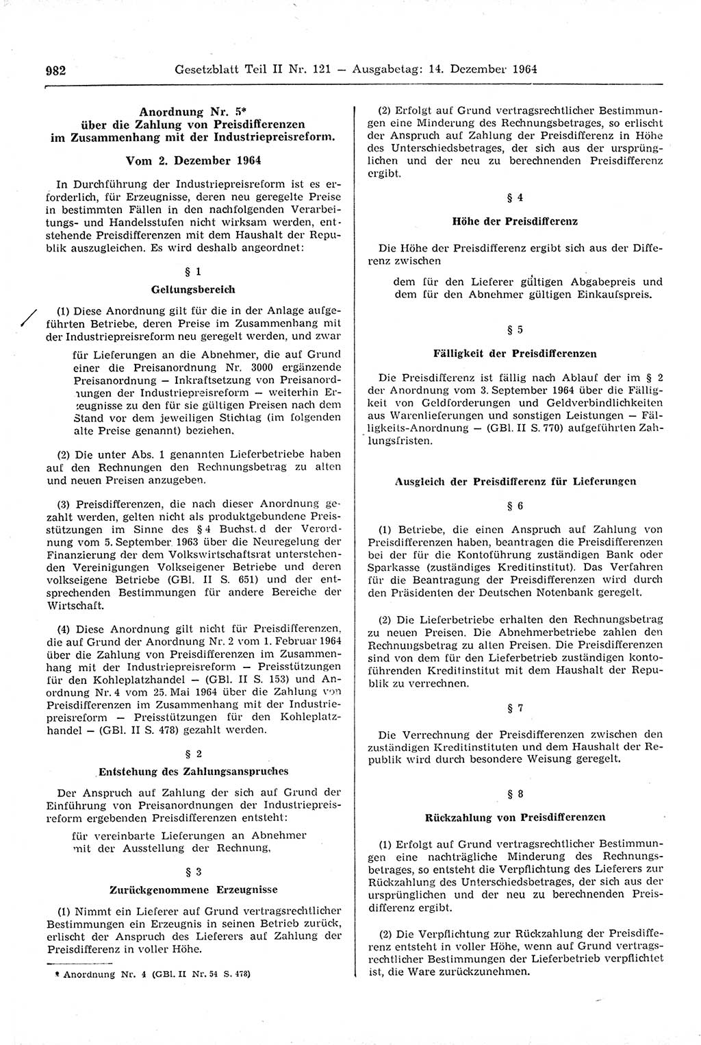 Gesetzblatt (GBl.) der Deutschen Demokratischen Republik (DDR) Teil ⅠⅠ 1964, Seite 982 (GBl. DDR ⅠⅠ 1964, S. 982)