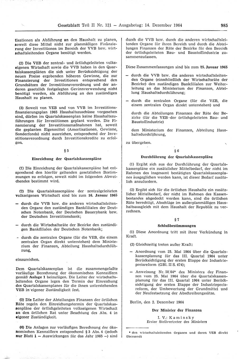 Gesetzblatt (GBl.) der Deutschen Demokratischen Republik (DDR) Teil ⅠⅠ 1964, Seite 985 (GBl. DDR ⅠⅠ 1964, S. 985)