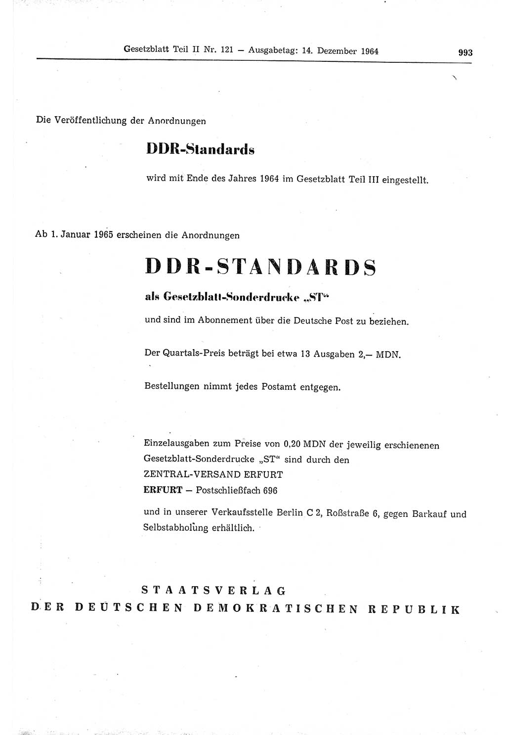 Gesetzblatt (GBl.) der Deutschen Demokratischen Republik (DDR) Teil ⅠⅠ 1964, Seite 993 (GBl. DDR ⅠⅠ 1964, S. 993)