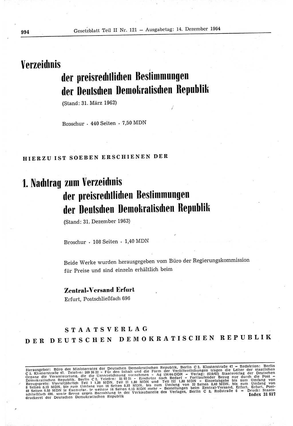 Gesetzblatt (GBl.) der Deutschen Demokratischen Republik (DDR) Teil ⅠⅠ 1964, Seite 994 (GBl. DDR ⅠⅠ 1964, S. 994)