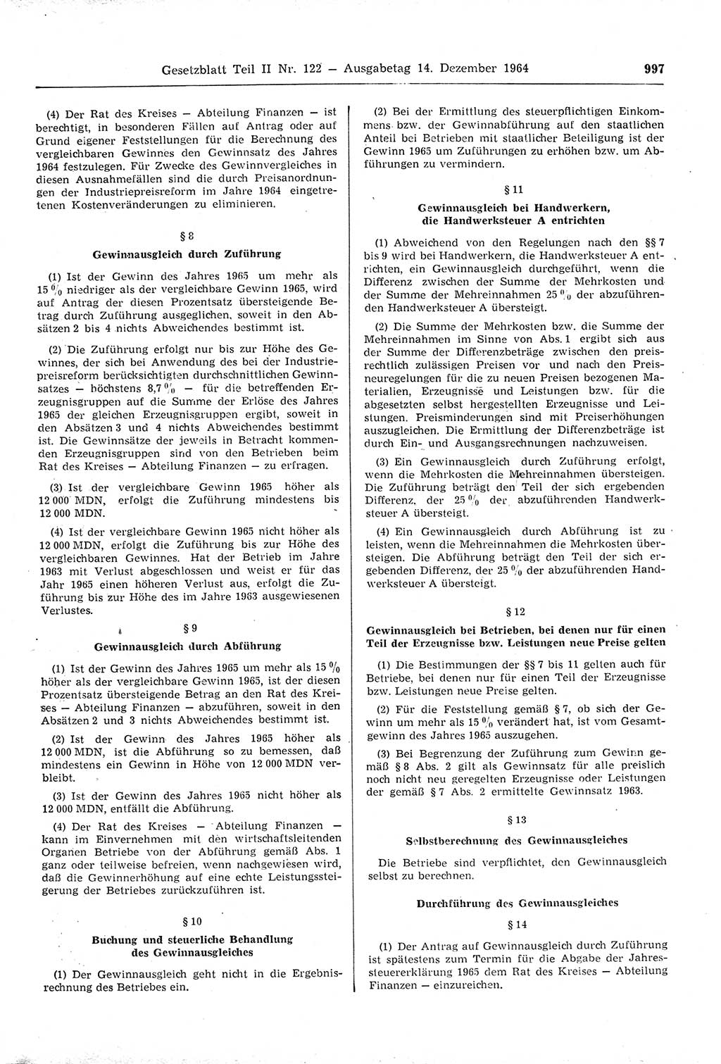 Gesetzblatt (GBl.) der Deutschen Demokratischen Republik (DDR) Teil ⅠⅠ 1964, Seite 997 (GBl. DDR ⅠⅠ 1964, S. 997)