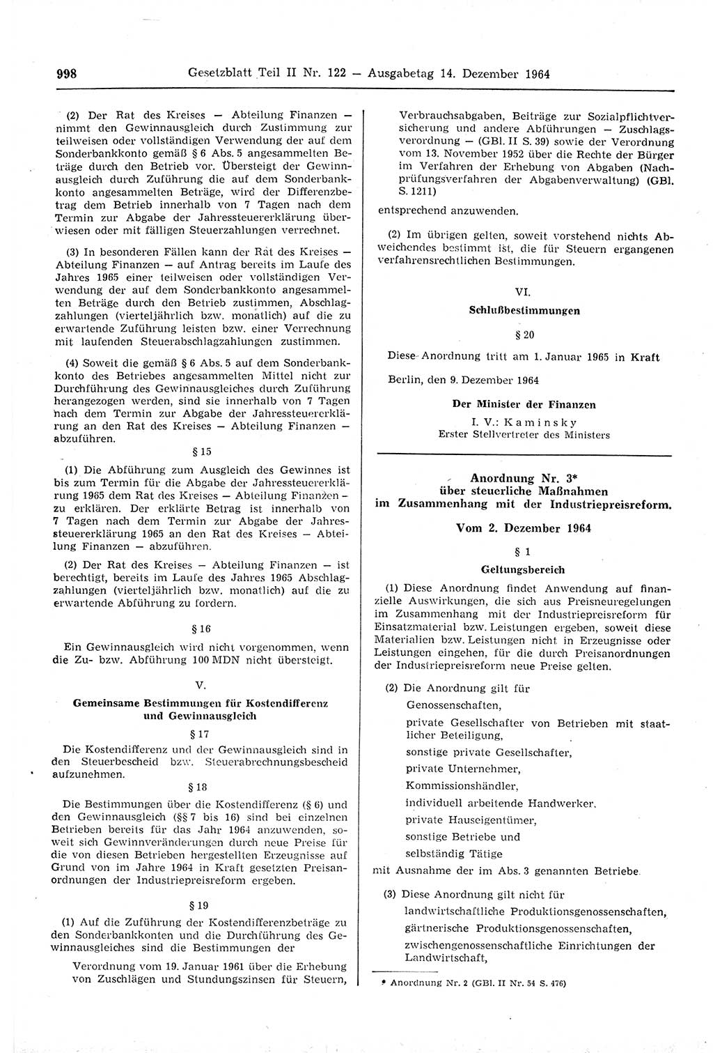 Gesetzblatt (GBl.) der Deutschen Demokratischen Republik (DDR) Teil ⅠⅠ 1964, Seite 998 (GBl. DDR ⅠⅠ 1964, S. 998)