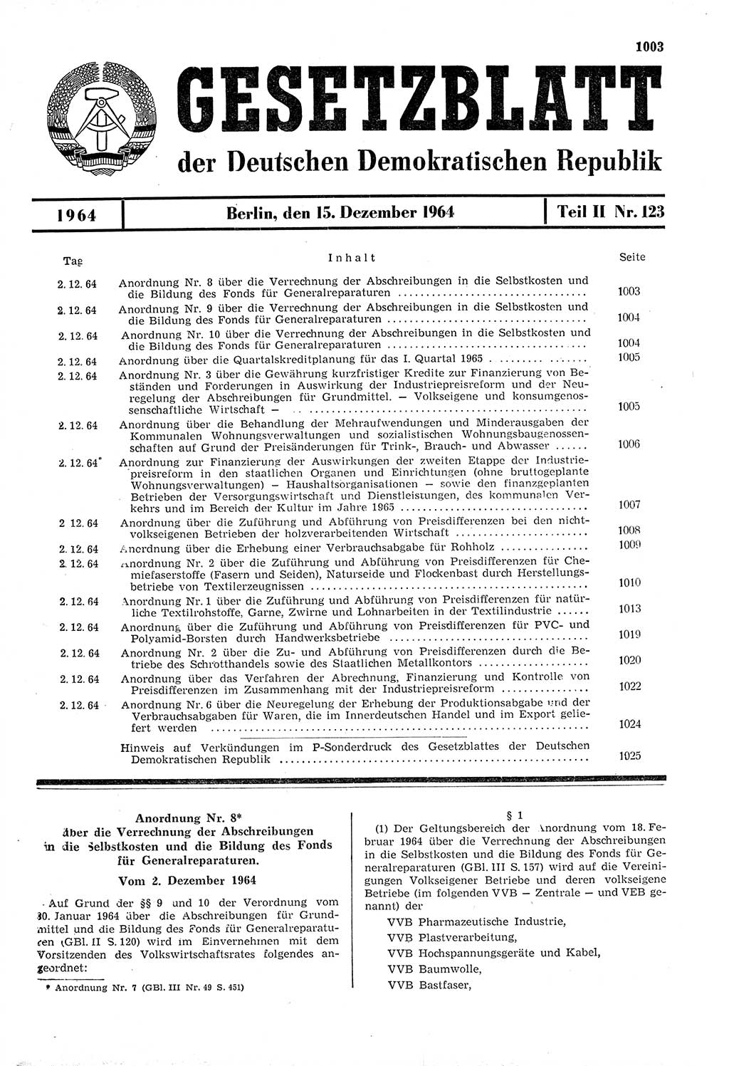 Gesetzblatt (GBl.) der Deutschen Demokratischen Republik (DDR) Teil ⅠⅠ 1964, Seite 1003 (GBl. DDR ⅠⅠ 1964, S. 1003)