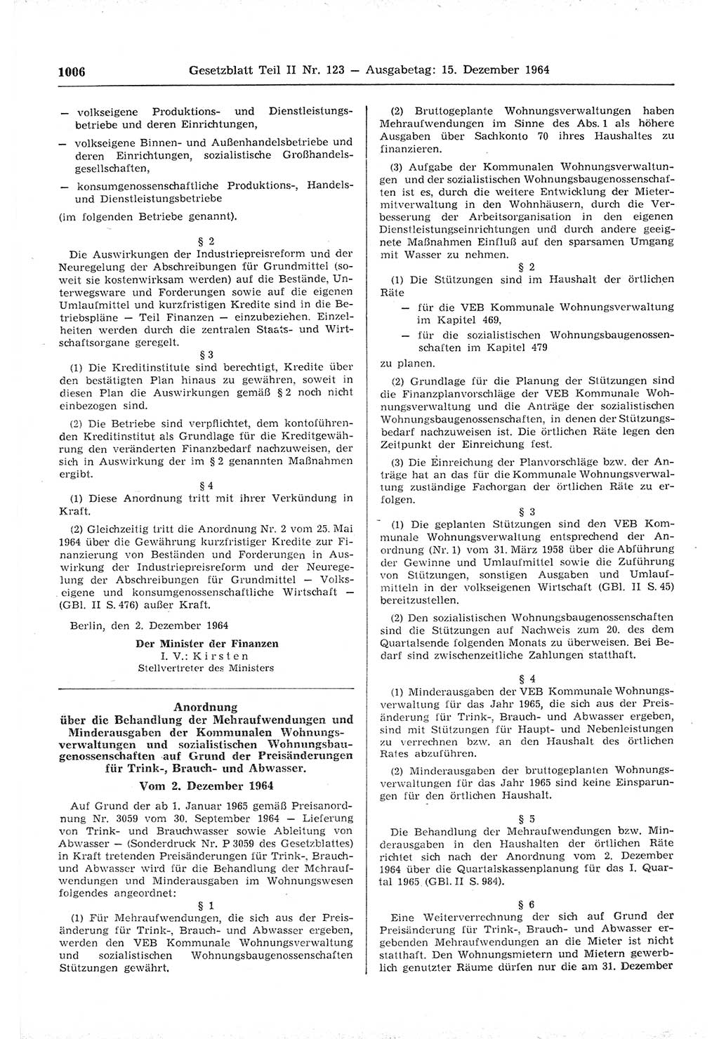 Gesetzblatt (GBl.) der Deutschen Demokratischen Republik (DDR) Teil ⅠⅠ 1964, Seite 1006 (GBl. DDR ⅠⅠ 1964, S. 1006)