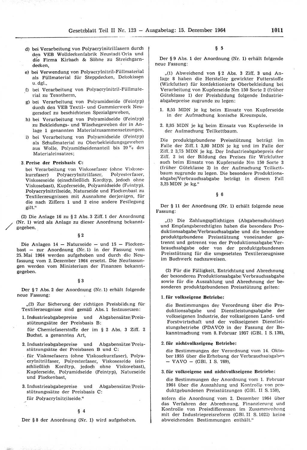 Gesetzblatt (GBl.) der Deutschen Demokratischen Republik (DDR) Teil ⅠⅠ 1964, Seite 1011 (GBl. DDR ⅠⅠ 1964, S. 1011)