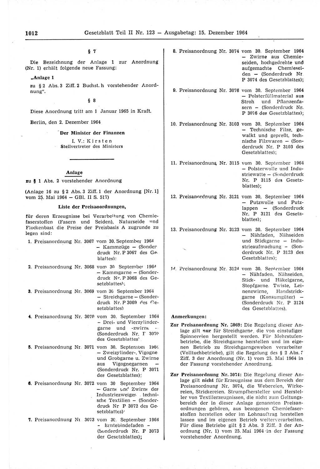 Gesetzblatt (GBl.) der Deutschen Demokratischen Republik (DDR) Teil ⅠⅠ 1964, Seite 1012 (GBl. DDR ⅠⅠ 1964, S. 1012)