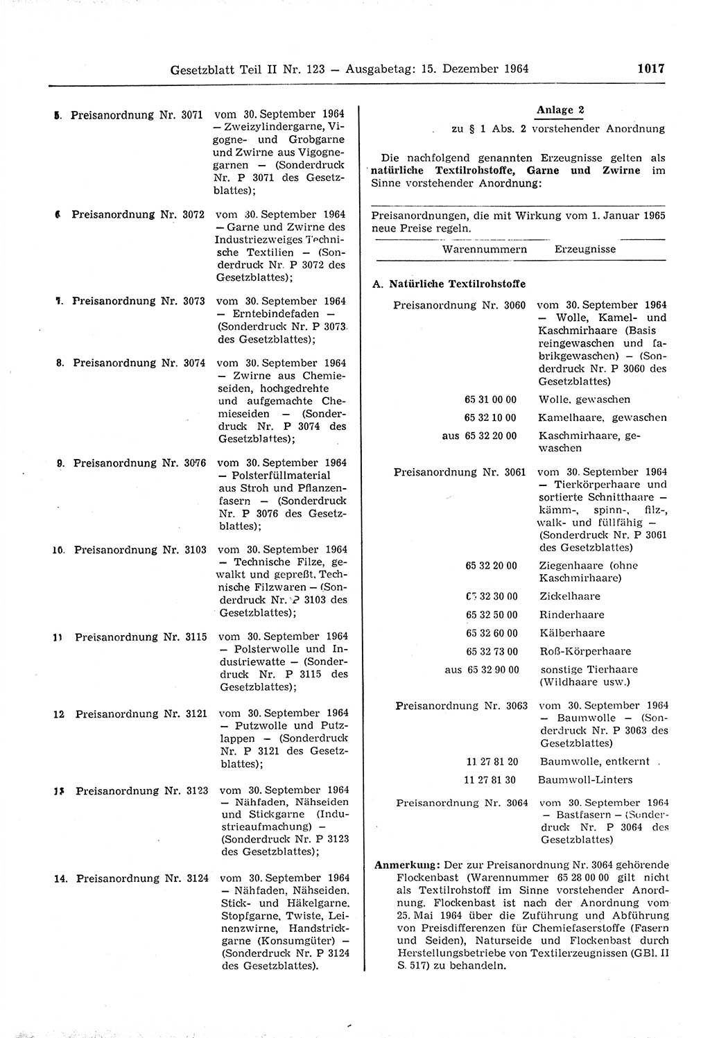 Gesetzblatt (GBl.) der Deutschen Demokratischen Republik (DDR) Teil ⅠⅠ 1964, Seite 1017 (GBl. DDR ⅠⅠ 1964, S. 1017)