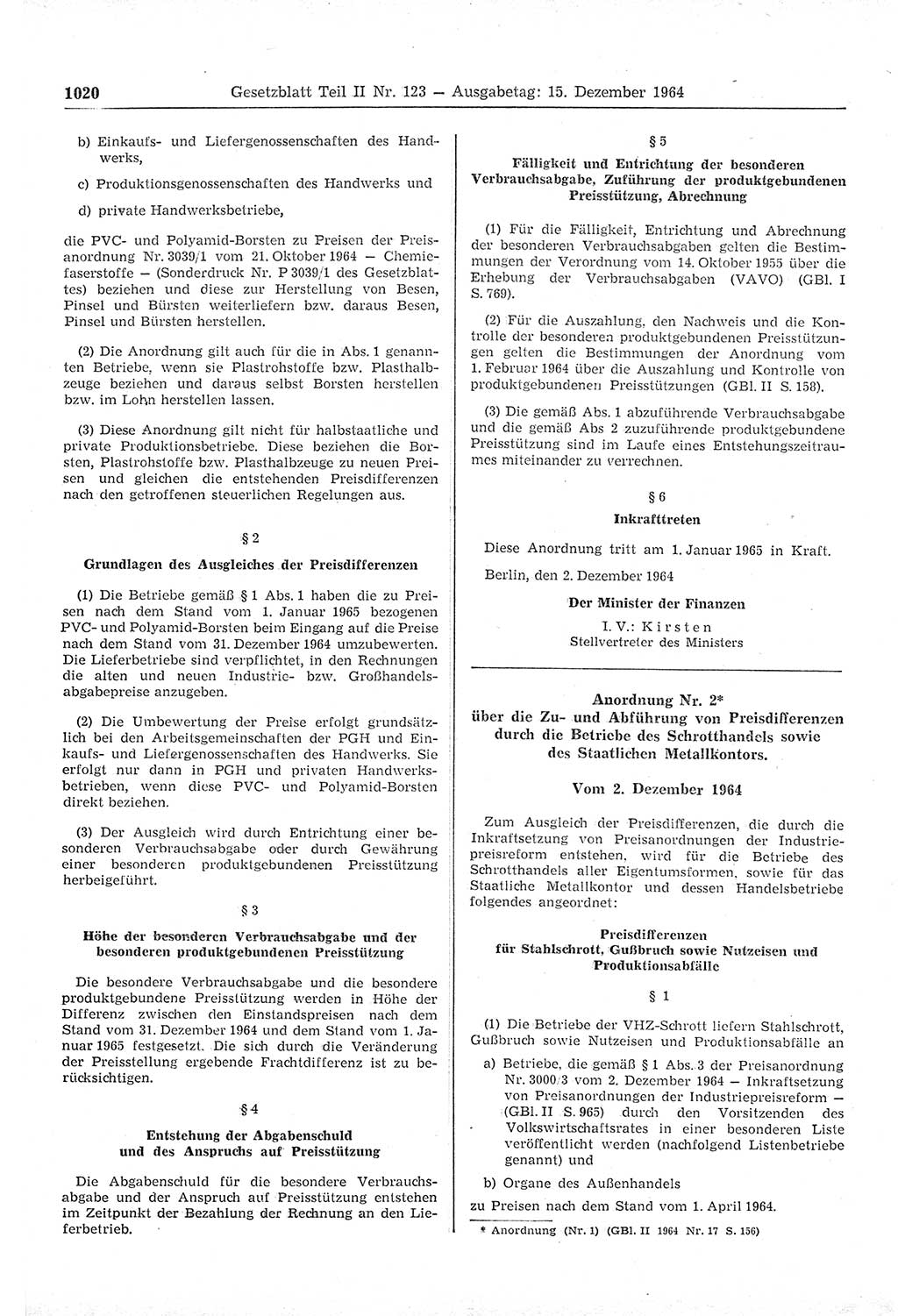 Gesetzblatt (GBl.) der Deutschen Demokratischen Republik (DDR) Teil ⅠⅠ 1964, Seite 1020 (GBl. DDR ⅠⅠ 1964, S. 1020)