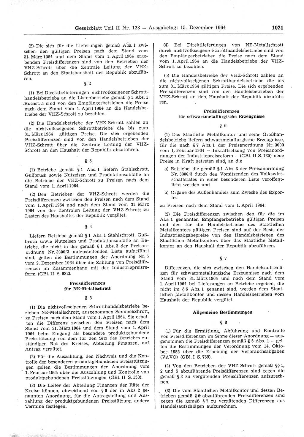 Gesetzblatt (GBl.) der Deutschen Demokratischen Republik (DDR) Teil ⅠⅠ 1964, Seite 1021 (GBl. DDR ⅠⅠ 1964, S. 1021)