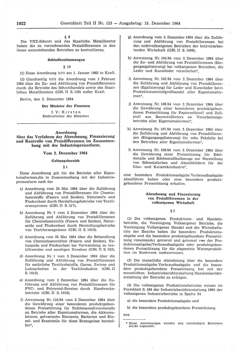 Gesetzblatt (GBl.) der Deutschen Demokratischen Republik (DDR) Teil ⅠⅠ 1964, Seite 1022 (GBl. DDR ⅠⅠ 1964, S. 1022)