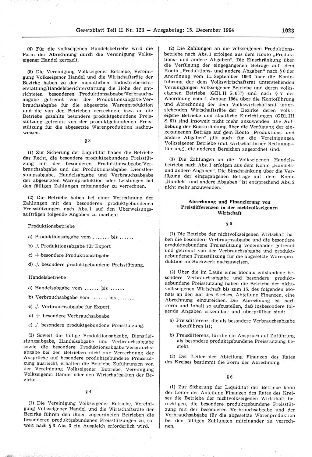 Gesetzblatt (GBl.) der Deutschen Demokratischen Republik (DDR) Teil ⅠⅠ 1964, Seite 1023 (GBl. DDR ⅠⅠ 1964, S. 1023)