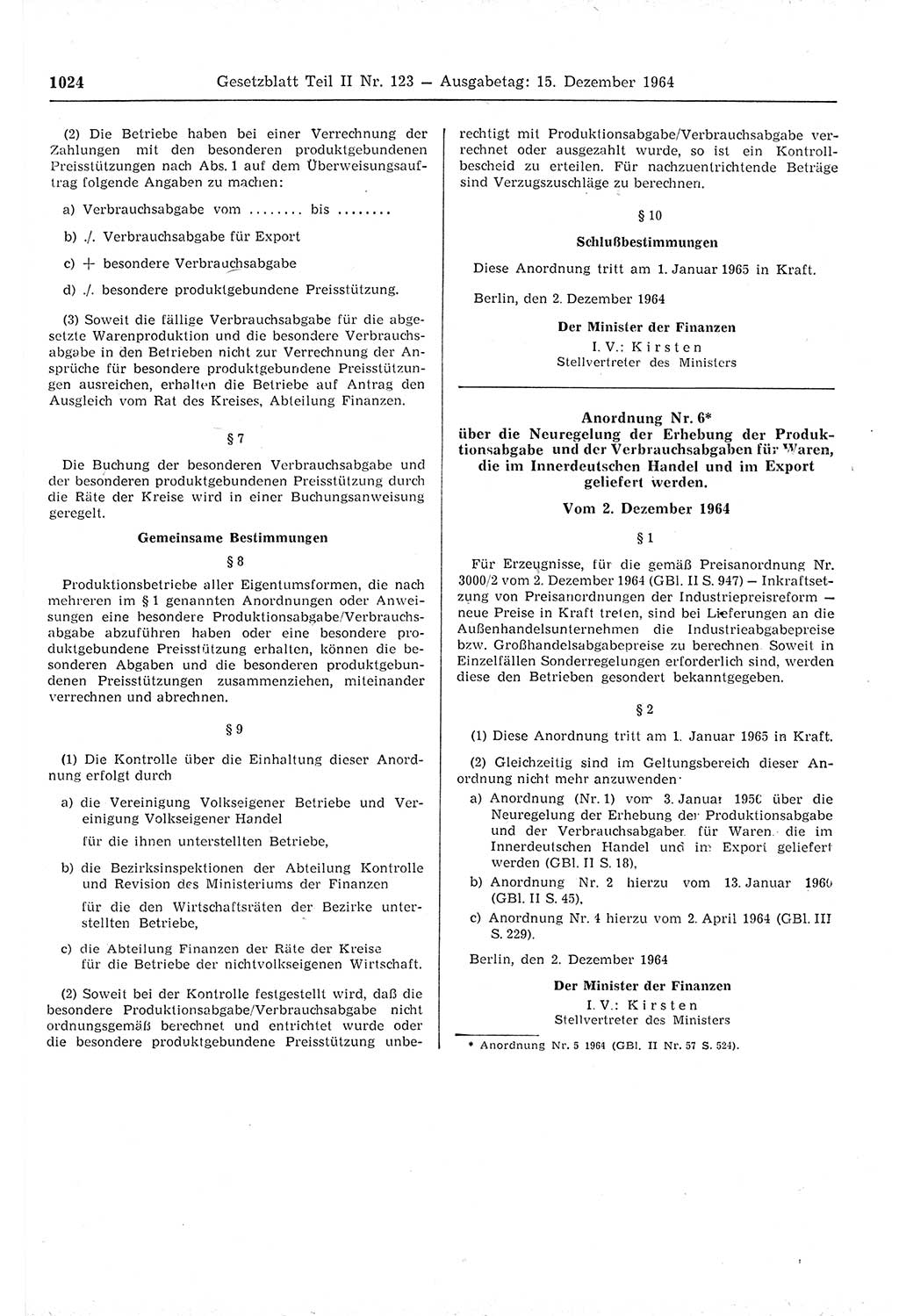 Gesetzblatt (GBl.) der Deutschen Demokratischen Republik (DDR) Teil ⅠⅠ 1964, Seite 1024 (GBl. DDR ⅠⅠ 1964, S. 1024)