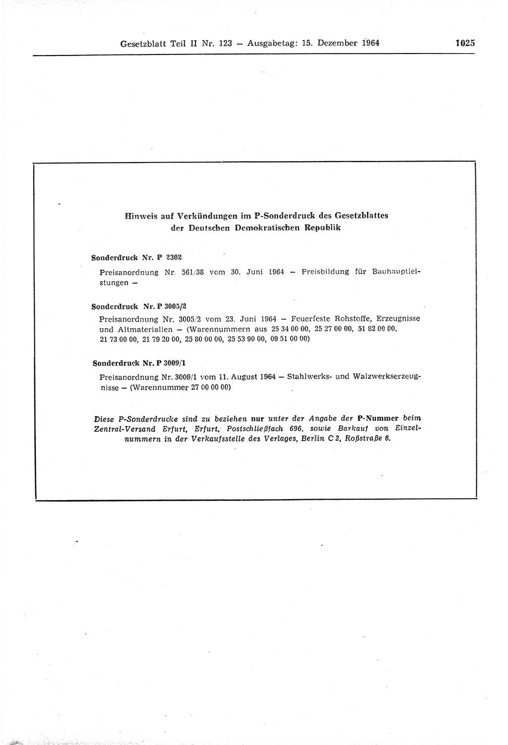 Gesetzblatt (GBl.) der Deutschen Demokratischen Republik (DDR) Teil ⅠⅠ 1964, Seite 1025 (GBl. DDR ⅠⅠ 1964, S. 1025)