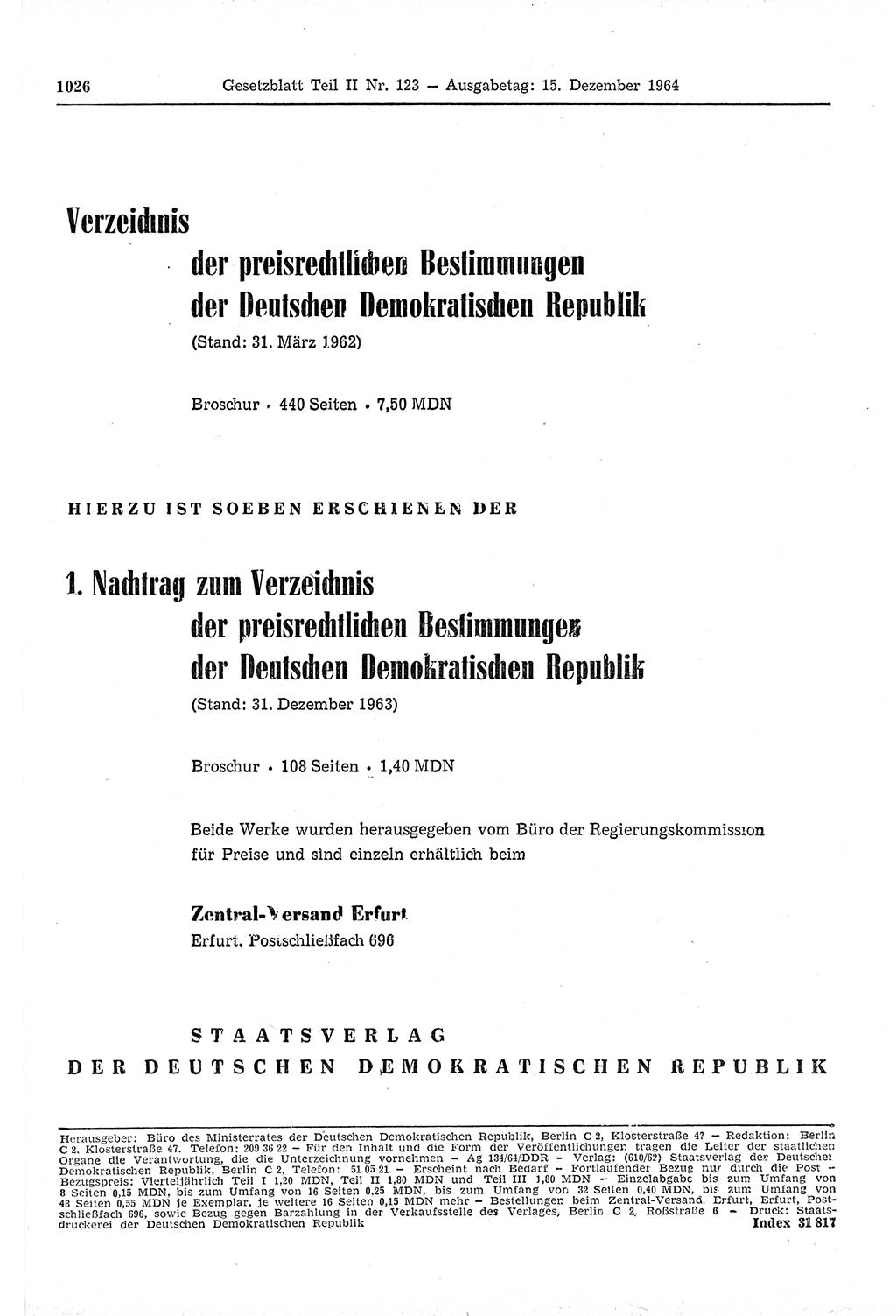 Gesetzblatt (GBl.) der Deutschen Demokratischen Republik (DDR) Teil ⅠⅠ 1964, Seite 1026 (GBl. DDR ⅠⅠ 1964, S. 1026)