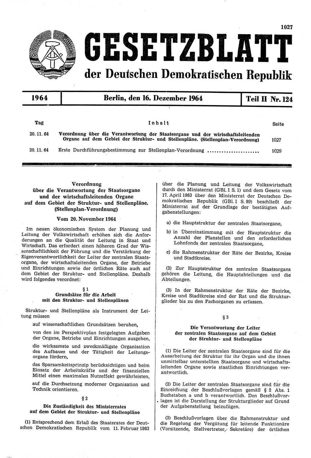 Gesetzblatt (GBl.) der Deutschen Demokratischen Republik (DDR) Teil ⅠⅠ 1964, Seite 1027 (GBl. DDR ⅠⅠ 1964, S. 1027)
