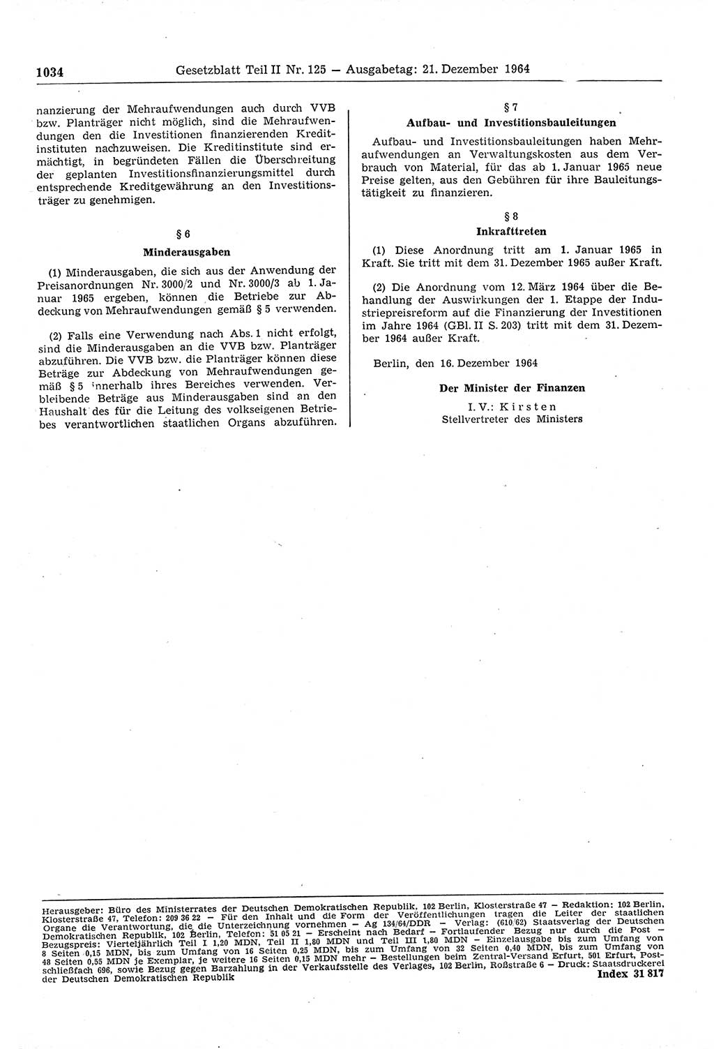 Gesetzblatt (GBl.) der Deutschen Demokratischen Republik (DDR) Teil ⅠⅠ 1964, Seite 1034 (GBl. DDR ⅠⅠ 1964, S. 1034)