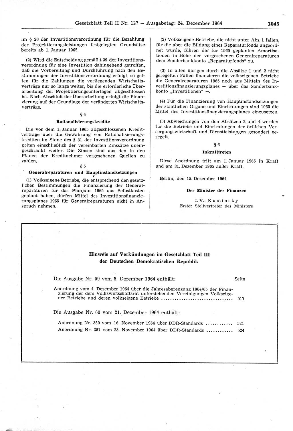 Gesetzblatt (GBl.) der Deutschen Demokratischen Republik (DDR) Teil ⅠⅠ 1964, Seite 1045 (GBl. DDR ⅠⅠ 1964, S. 1045)