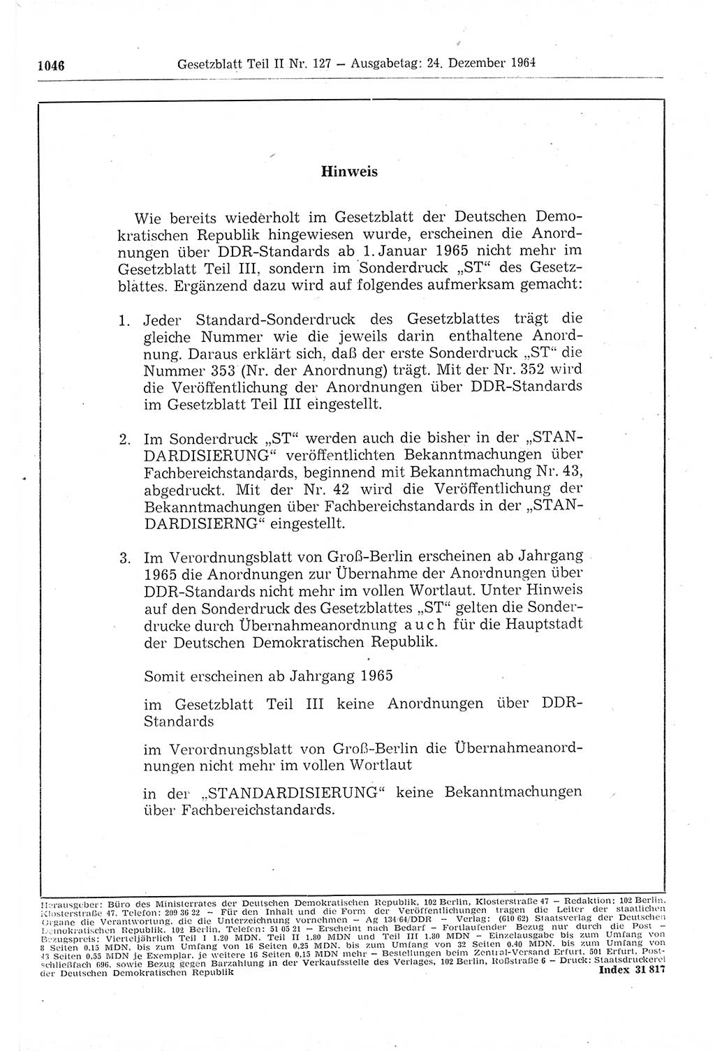 Gesetzblatt (GBl.) der Deutschen Demokratischen Republik (DDR) Teil ⅠⅠ 1964, Seite 1046 (GBl. DDR ⅠⅠ 1964, S. 1046)