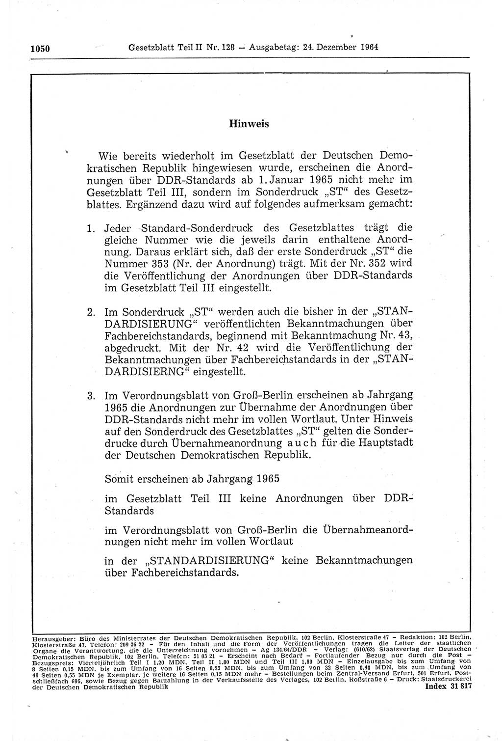 Gesetzblatt (GBl.) der Deutschen Demokratischen Republik (DDR) Teil ⅠⅠ 1964, Seite 1050 (GBl. DDR ⅠⅠ 1964, S. 1050)