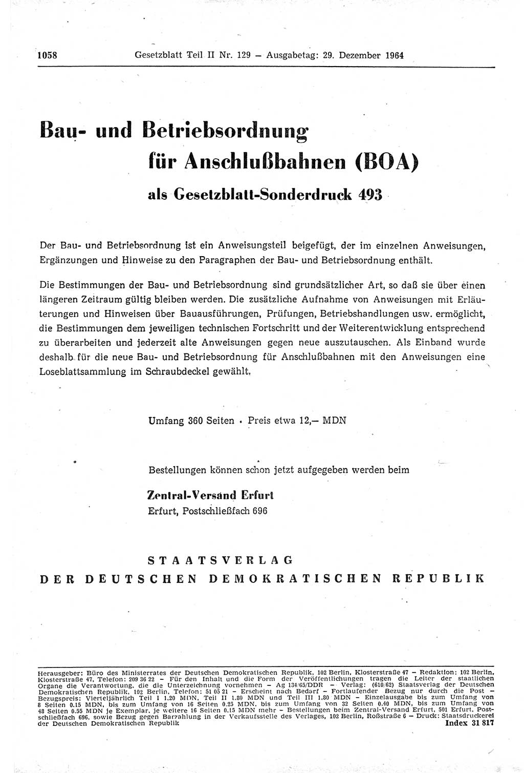 Gesetzblatt (GBl.) der Deutschen Demokratischen Republik (DDR) Teil ⅠⅠ 1964, Seite 1058 (GBl. DDR ⅠⅠ 1964, S. 1058)