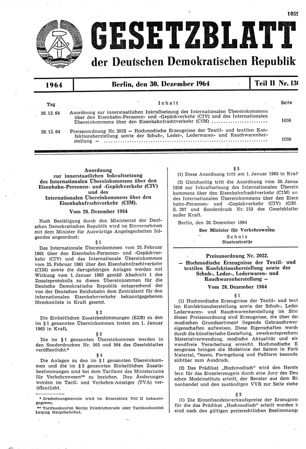 Gesetzblatt (GBl.) der Deutschen Demokratischen Republik (DDR) Teil ⅠⅠ 1964, Seite 1059 (GBl. DDR ⅠⅠ 1964, S. 1059)