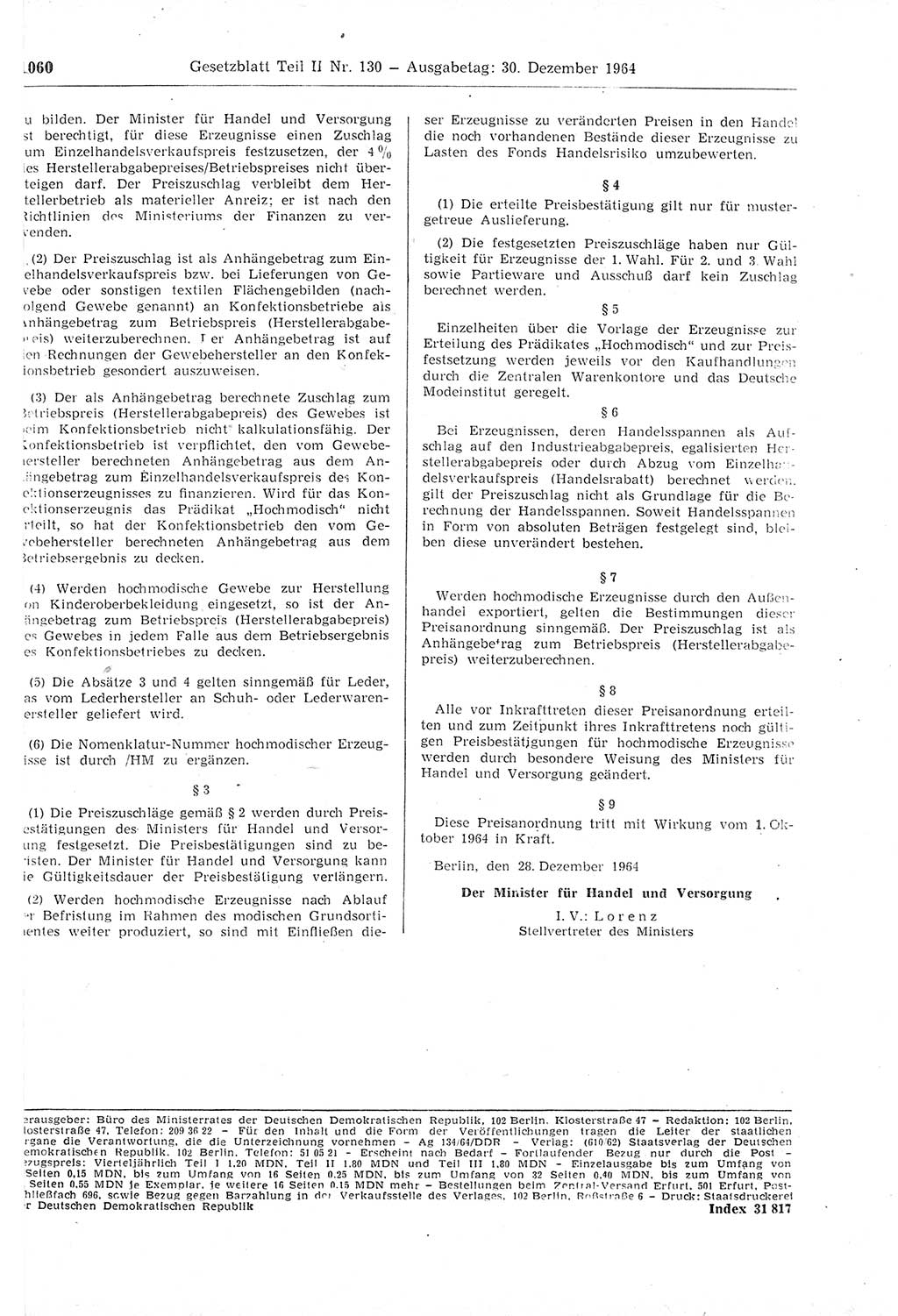 Gesetzblatt (GBl.) der Deutschen Demokratischen Republik (DDR) Teil ⅠⅠ 1964, Seite 1060 (GBl. DDR ⅠⅠ 1964, S. 1060)